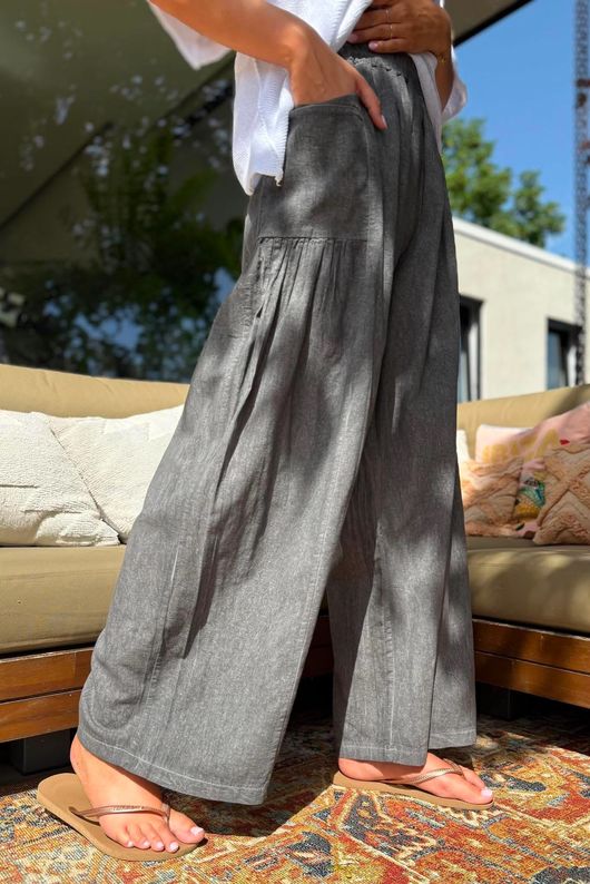 Rustic Nature Linen Blend Pocket Pleat Wide Leg Washed Charcoal